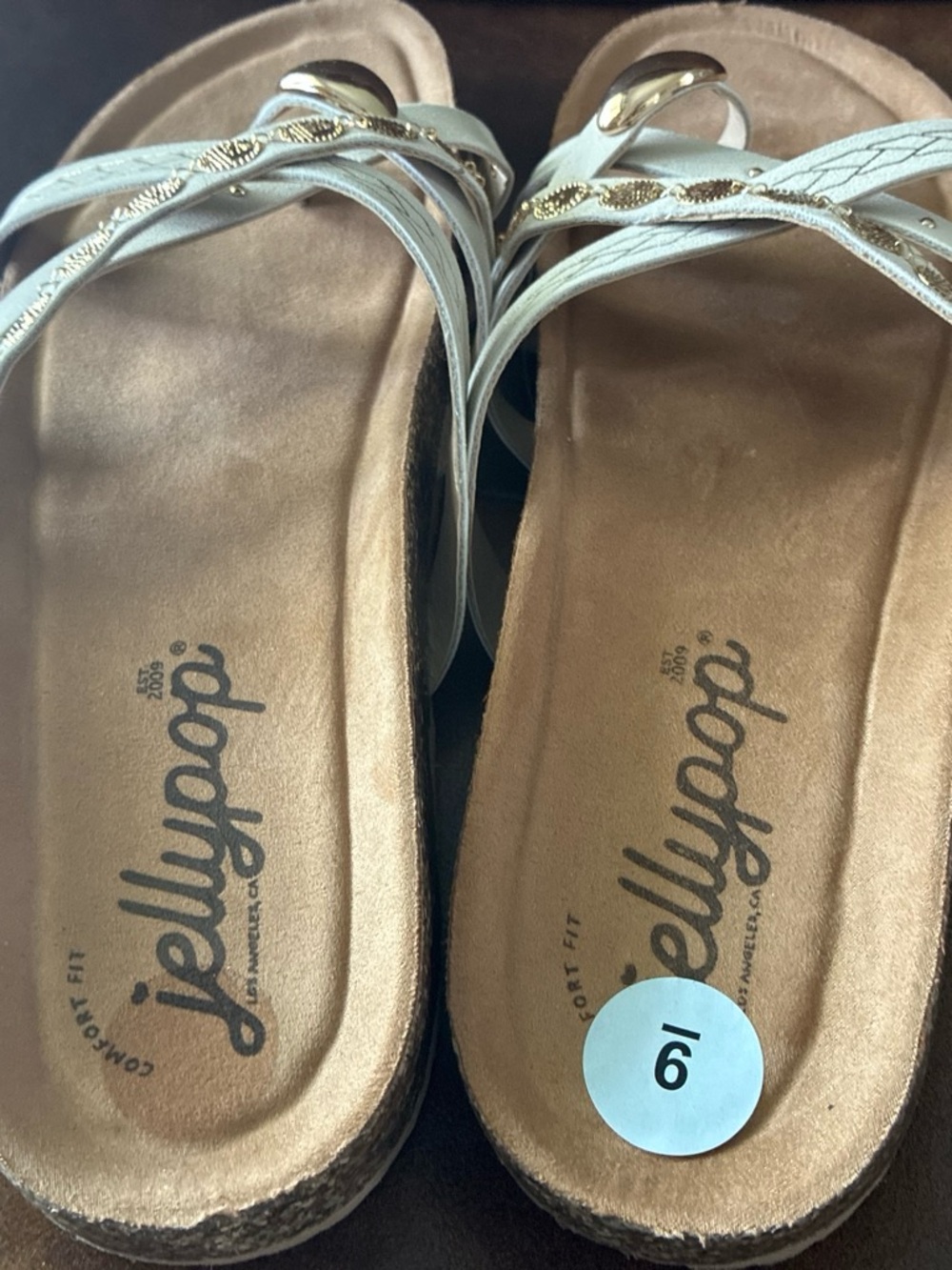 Jellypop Women's Cream Strappy Slide Sandals with Gold Accents
